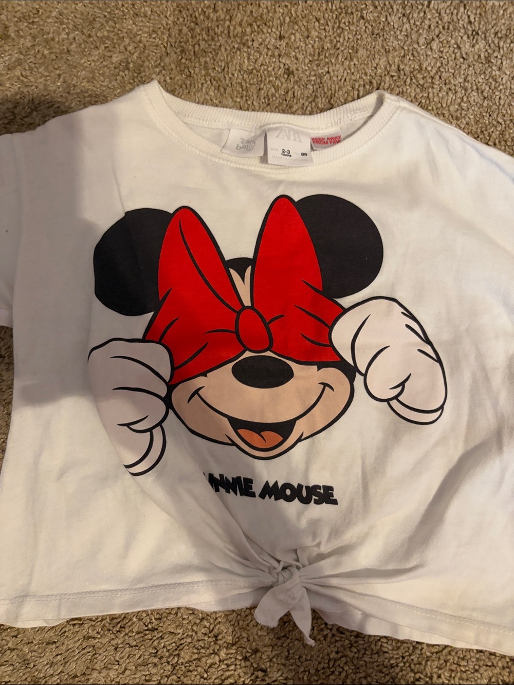 ZARA Disney 2-3T Minnie Mouse White Kids Tie-Front Tee with Red Bow